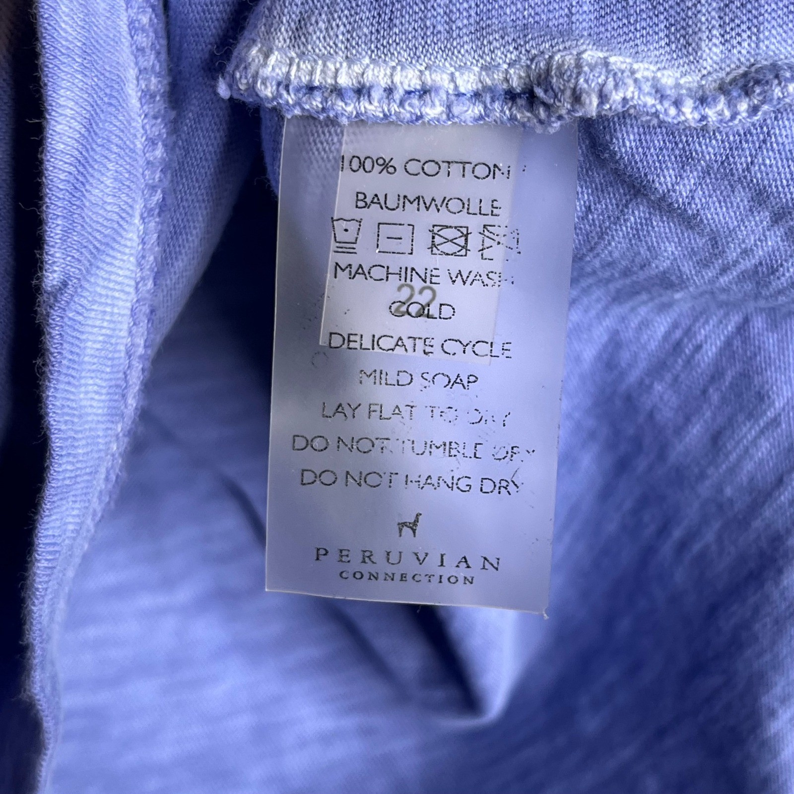 Peruvian Connection Blue Pima Cotton Slub V-Neck T-Shirt Curved Hem Large