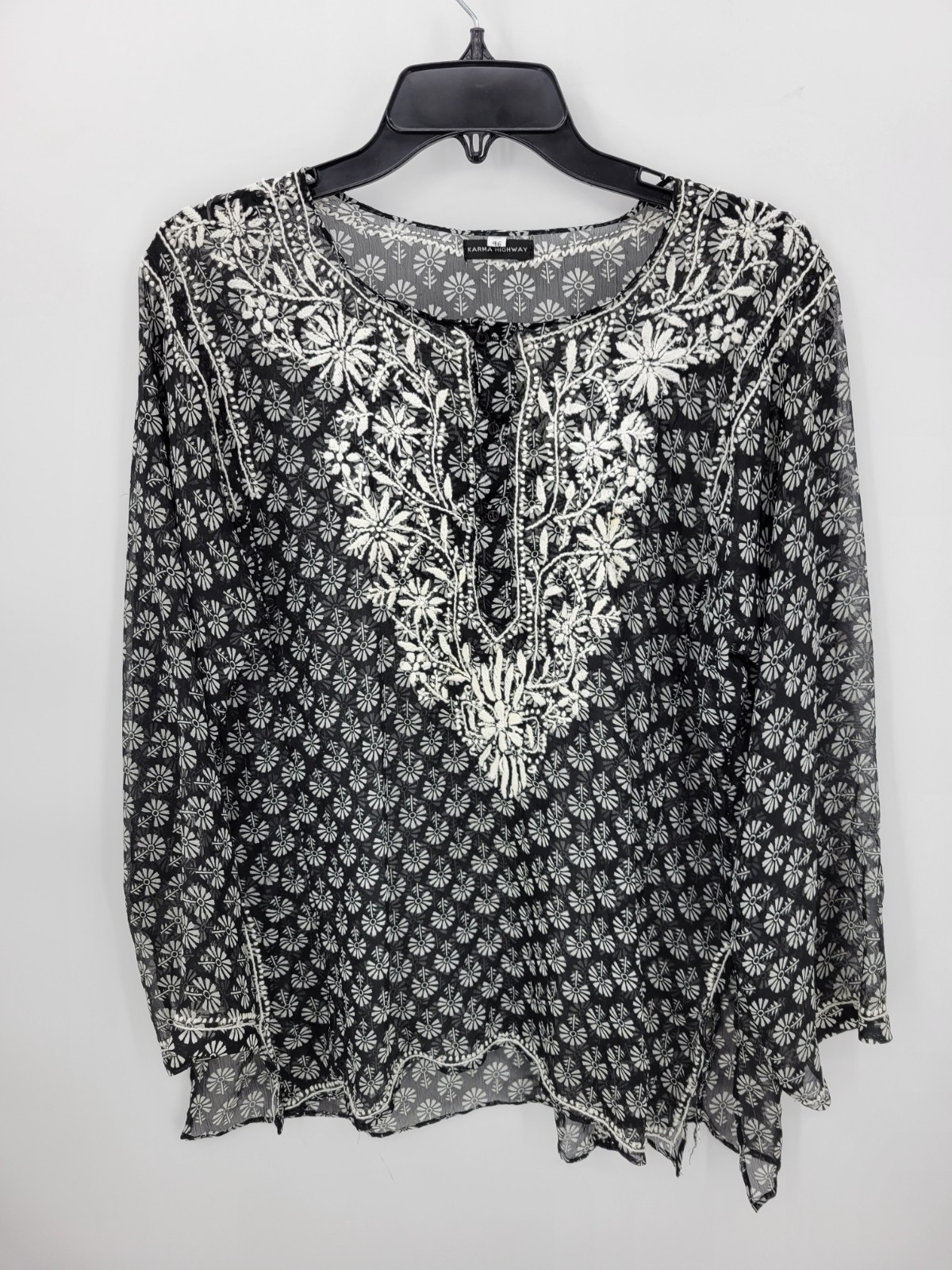 Karma Highway Top Womens 46 Black White Floral Embroidered Boho Peasant