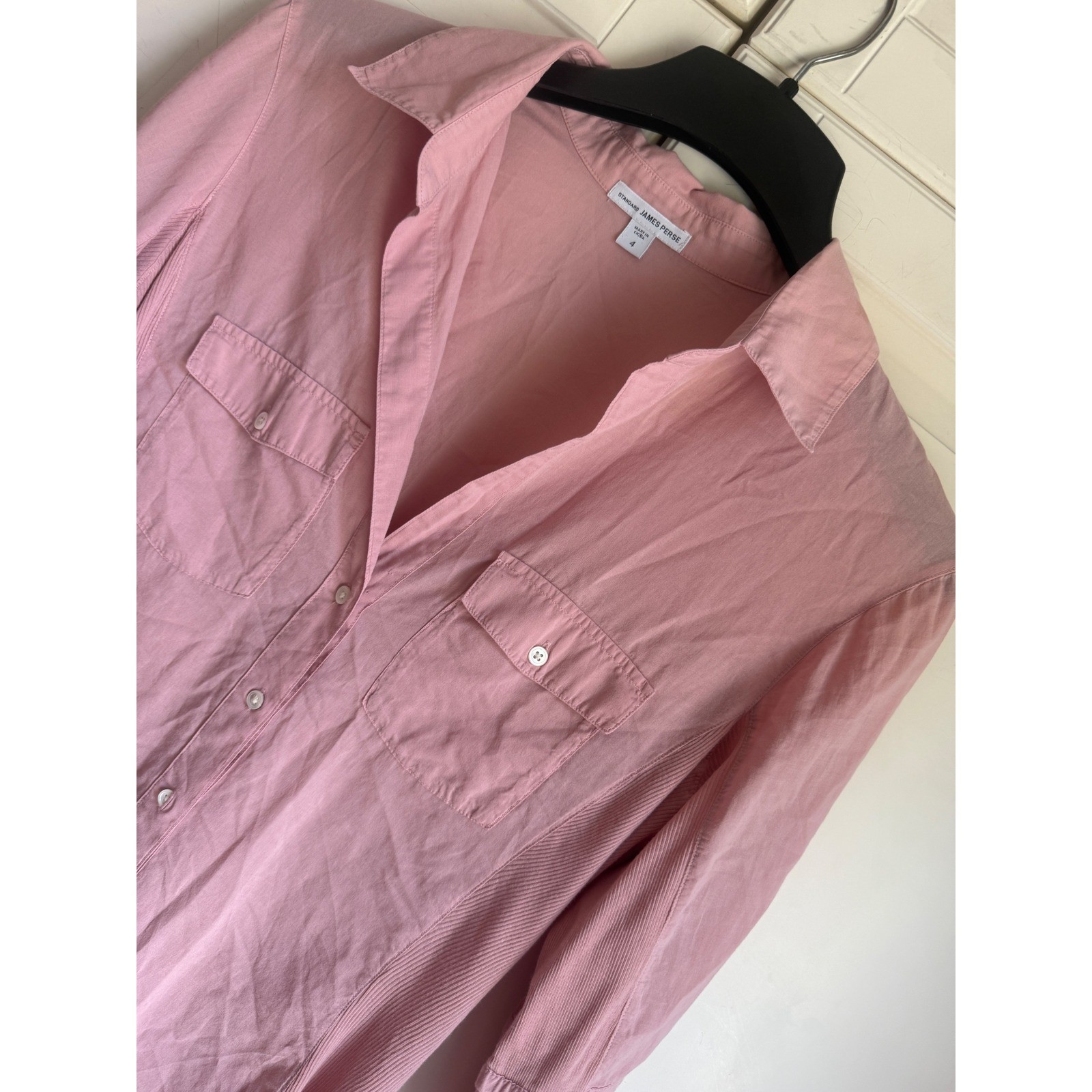 James Perse Womens Mauve Pink Ribbed Side Panel Button Up Shirt Sz 4 3/4 Sleeve