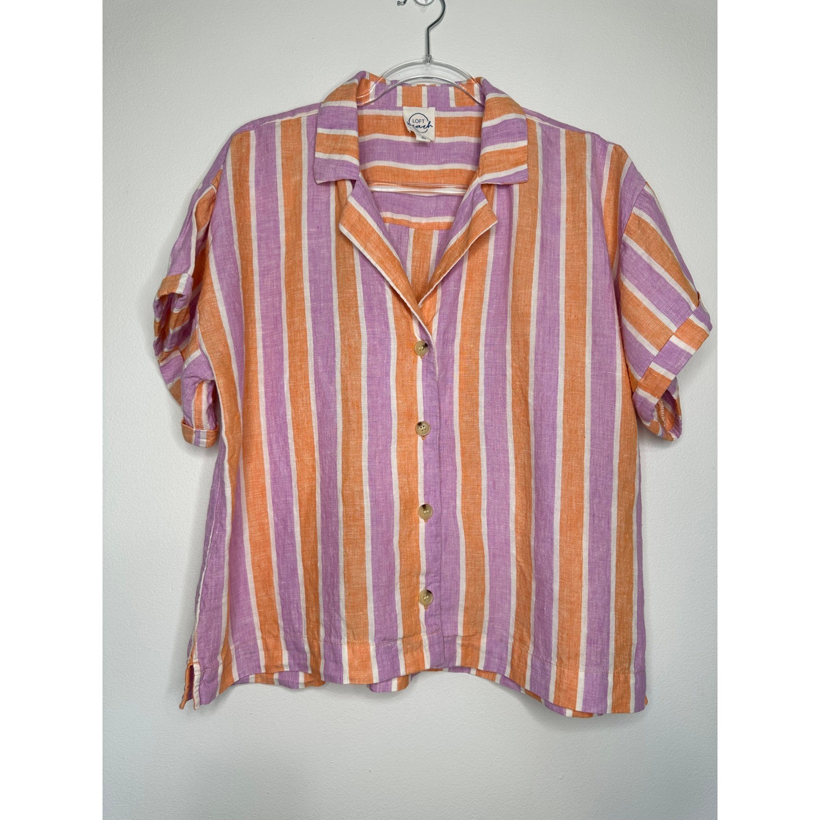 Loft Beach Linen Button up Shirt Size L Orange Purple Striped Short Sleeve Boxy