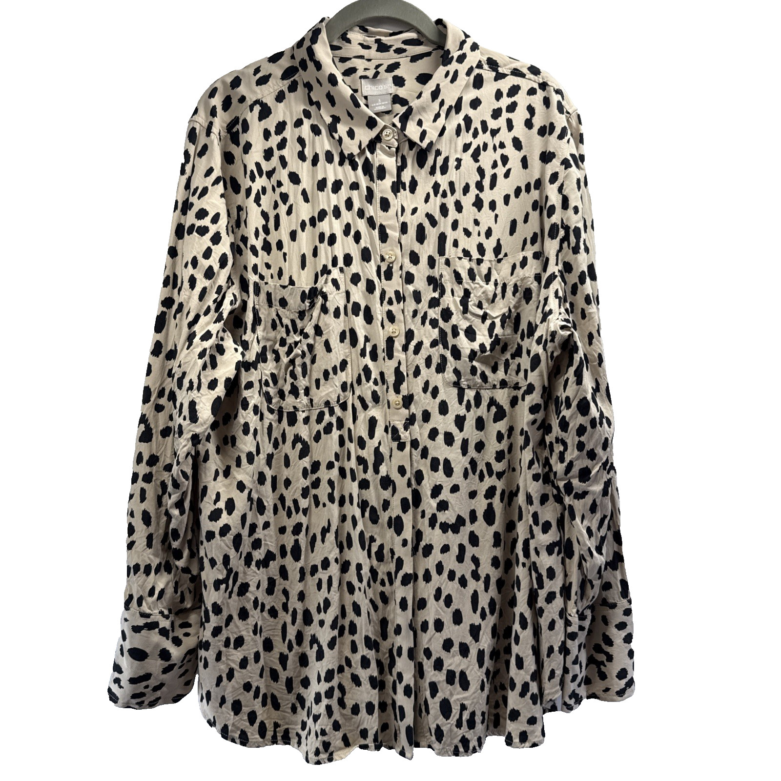 Chicos Women’s Top Size XL Black Tan Animal Print Long Sleeve Hidden Button Up