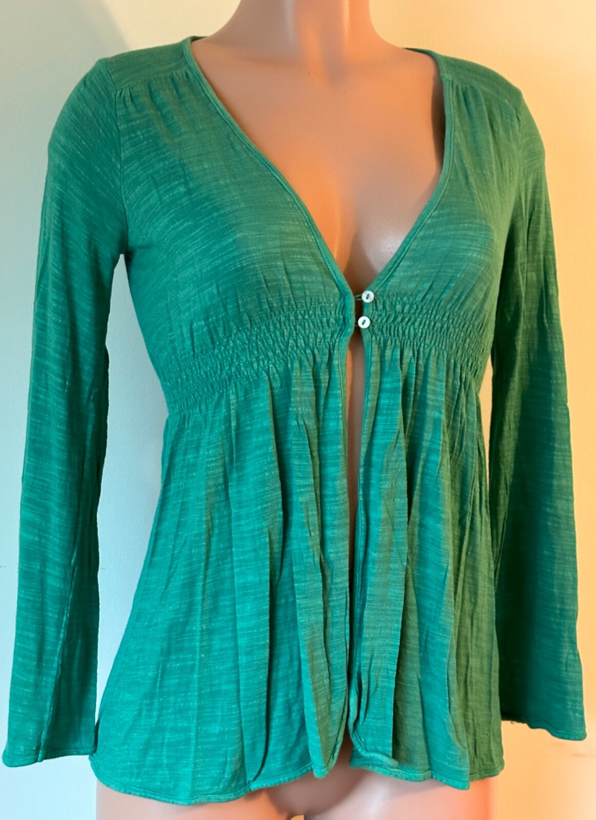Ella Moss Anthropologie 100% Rayon Made in USA Babydoll Green Cardigan Top S