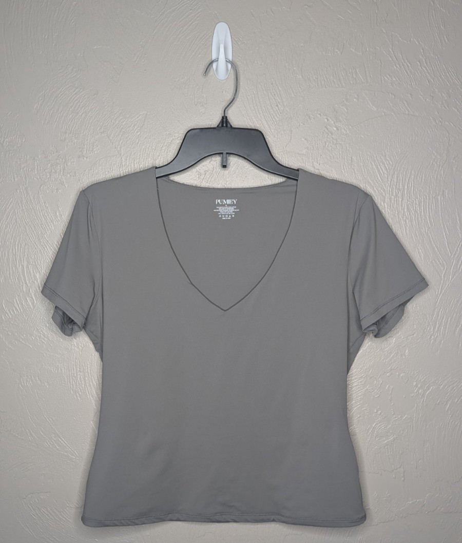 Pumiey Womens XLarge Gray V Neck Short Sleeve Fitted Stretch Tee Top