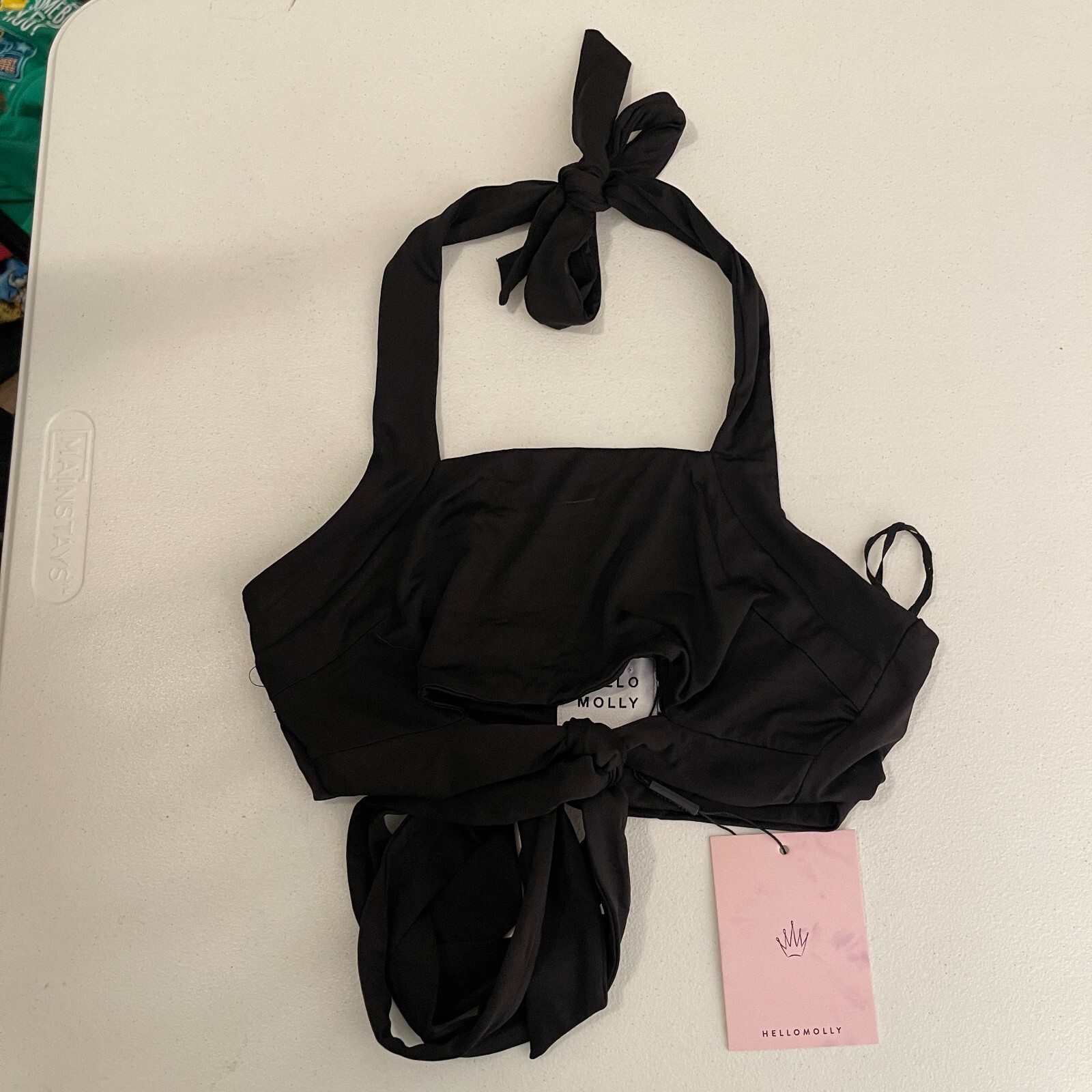 Hello Molly Halter Top Women’s Small Black Strappy Dominoes Crop Tie Shirt NWT