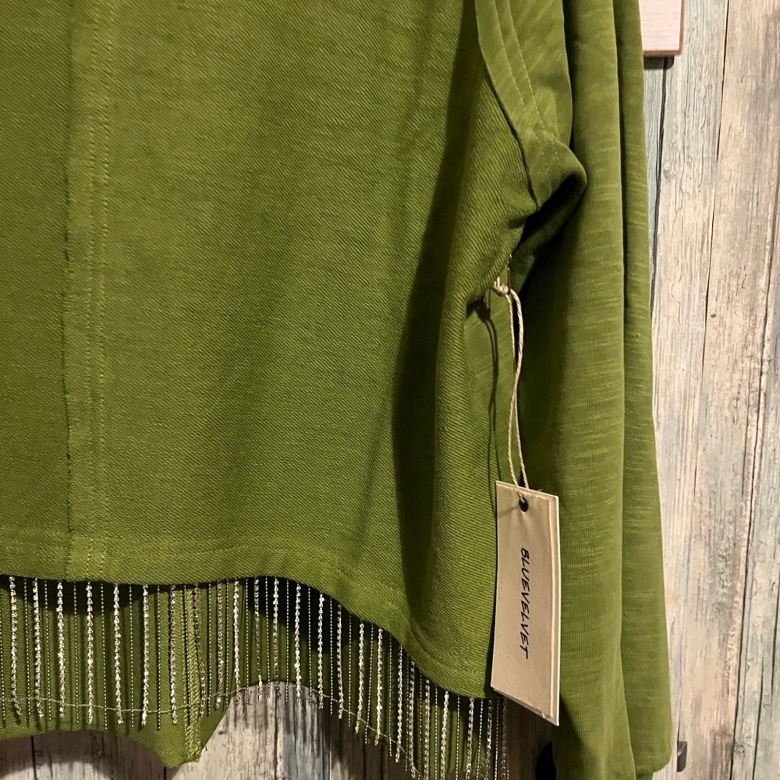 BlueVelvet L Green Knit Top with Fringe Detail