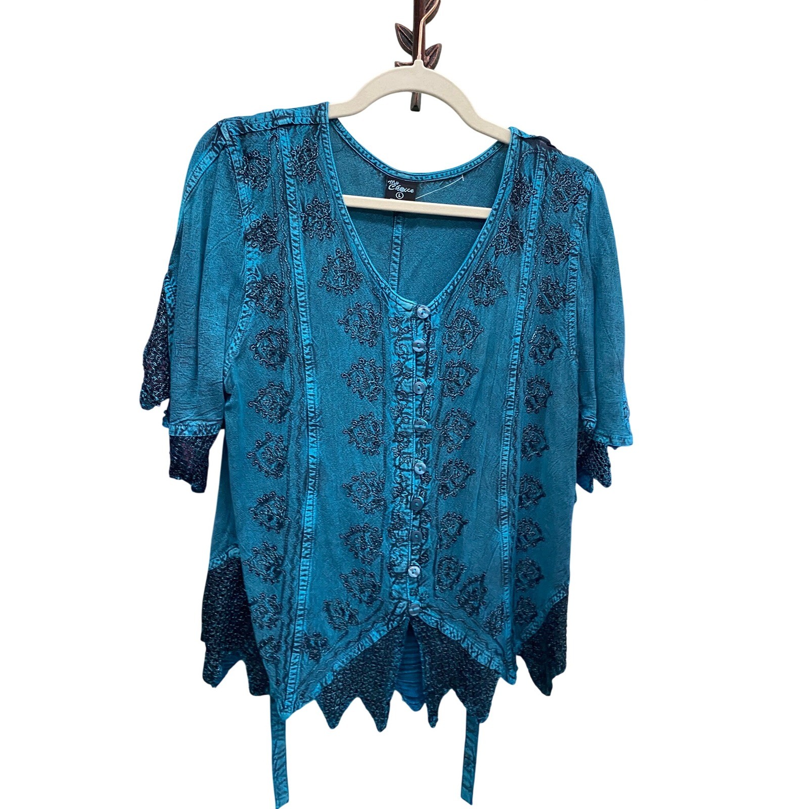 My Choice Teal Mineral Wash Boho Embroidered sharkbite Hem Blouse Large hippie
