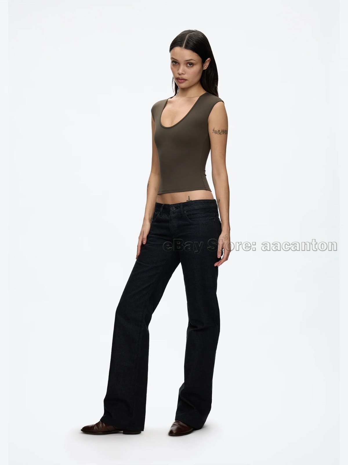 Tank Air Women Large U-neck T-shirts Tight Fit Fixed Dye High Stretch Short Top