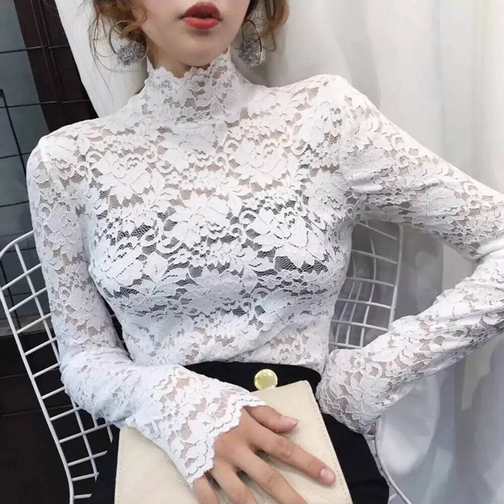 Women Turtleneck Blouse Floral Lace Long Sleeve Tops Hollow Sheer Shirt Pullover