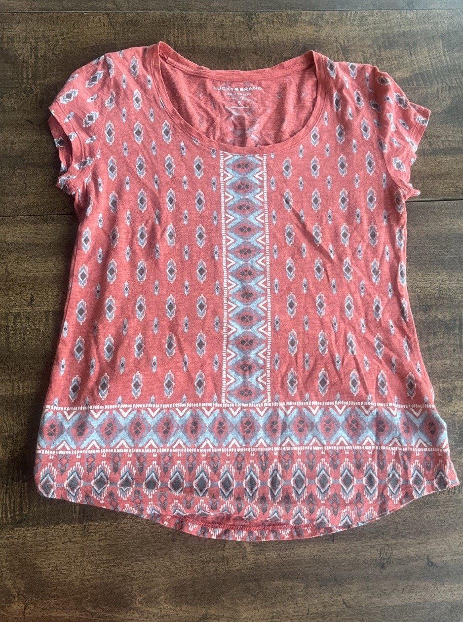 Lucky Brand Southwest Boho Tribal Aztec Tee Top Coral Cotton Modal Women’s Sm