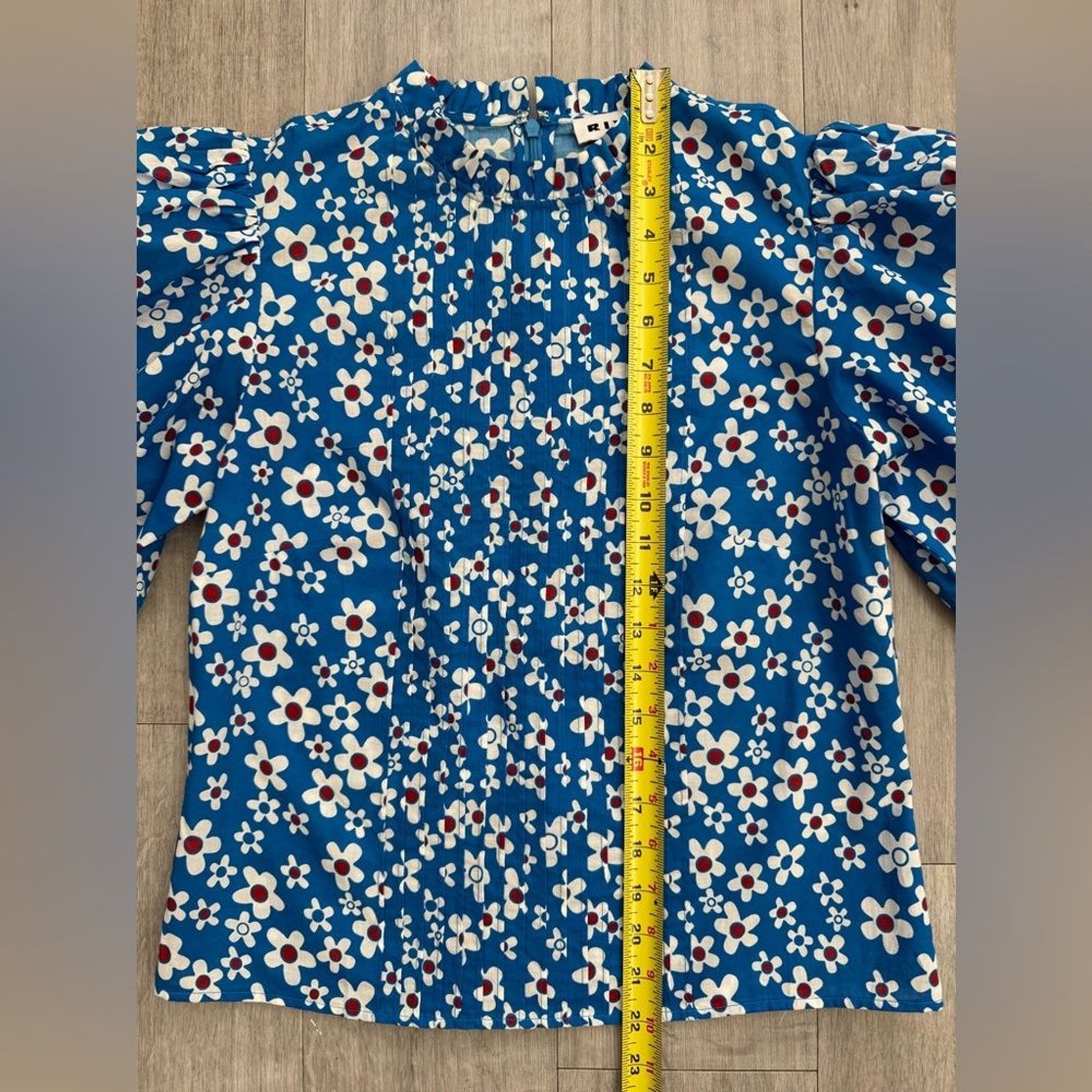 RIXO Mandy Retro Ruffle Puff Sleeve Top in Micro Mod Floral Blue Size XS/ US 4