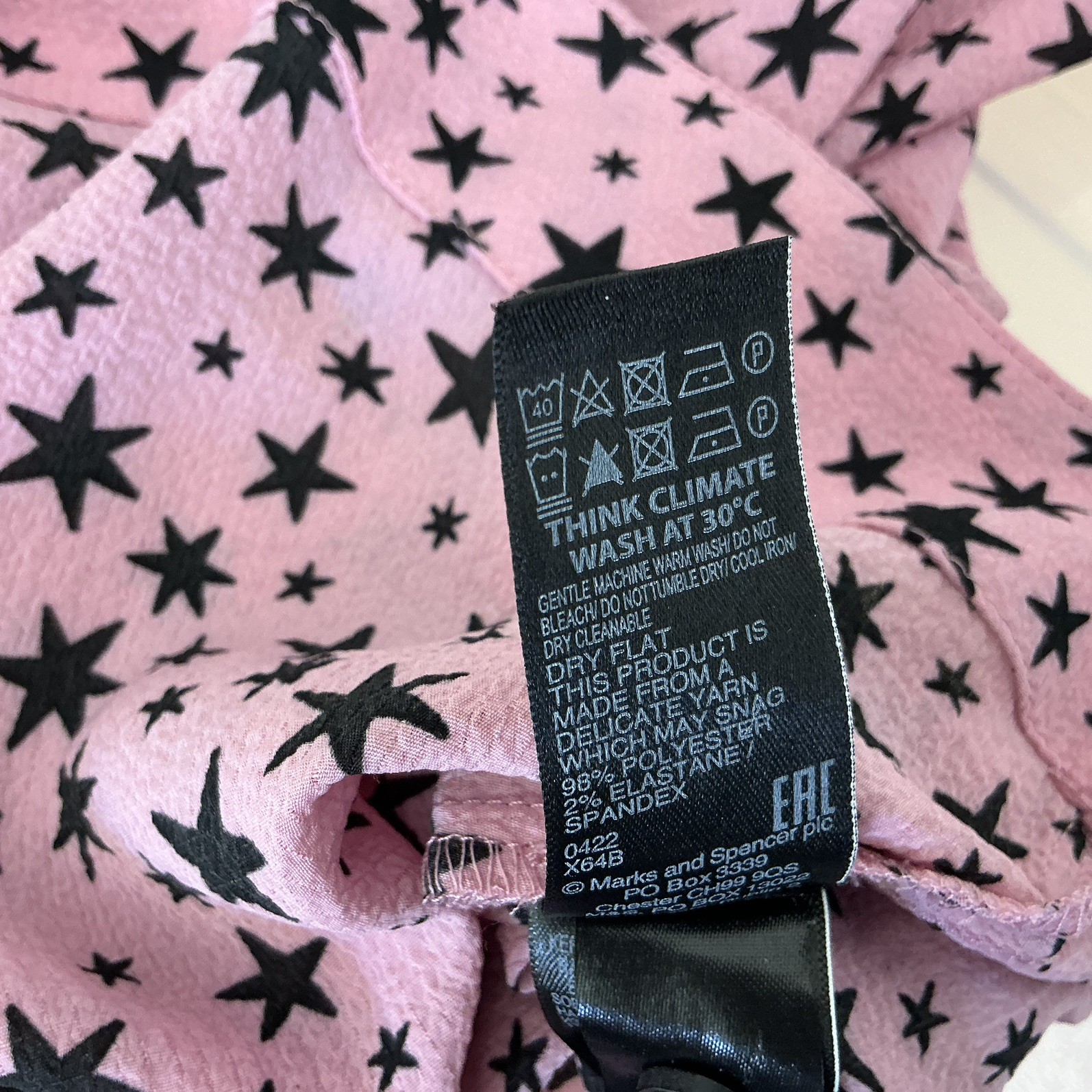 Marks & Spencer Top Size 18 Pink with Black Star Print Round Neck Long Sleeves