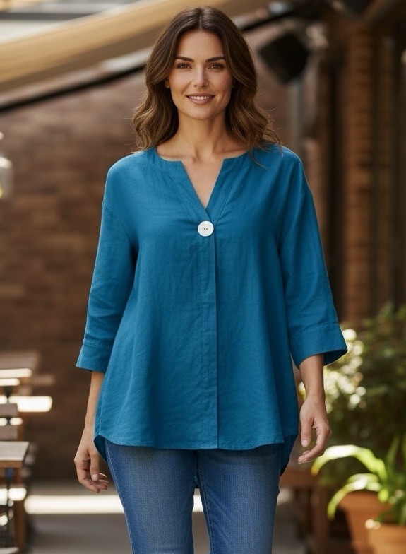NWT Marc New York Size S Linen Viscose Tunic Teal Blue Mother Of Pearl Button