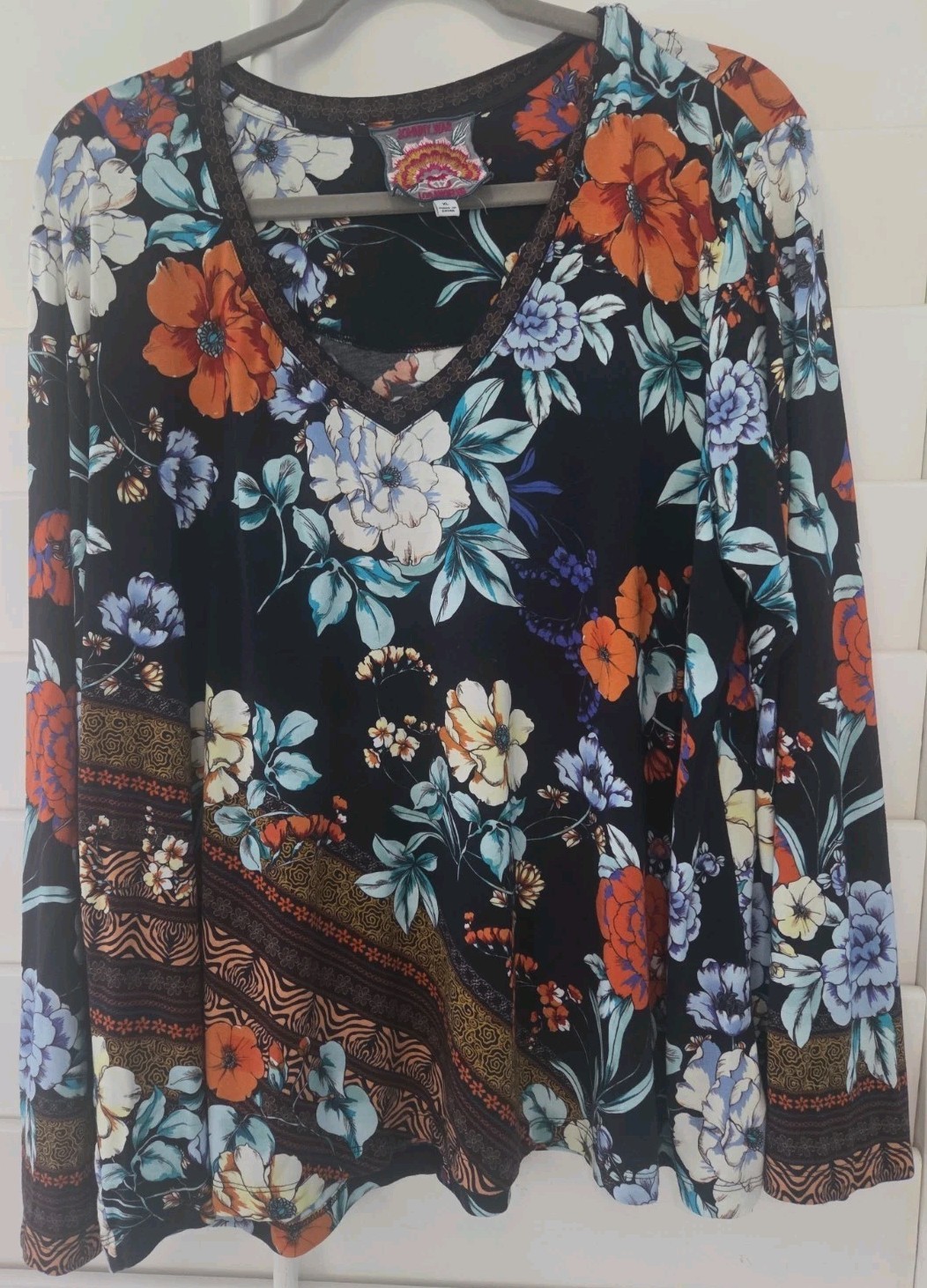 Johnny Was Women’s XL Black Floral Pullover Blouse Black Lace