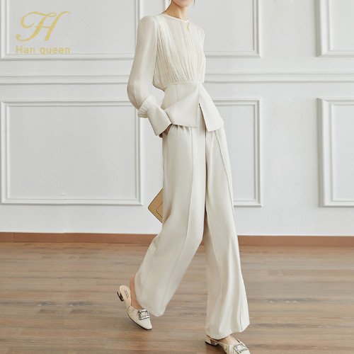 New 2-Piece Suits Women Long Sleeve Top & Simple Wide Leg Pants OL Casual Set