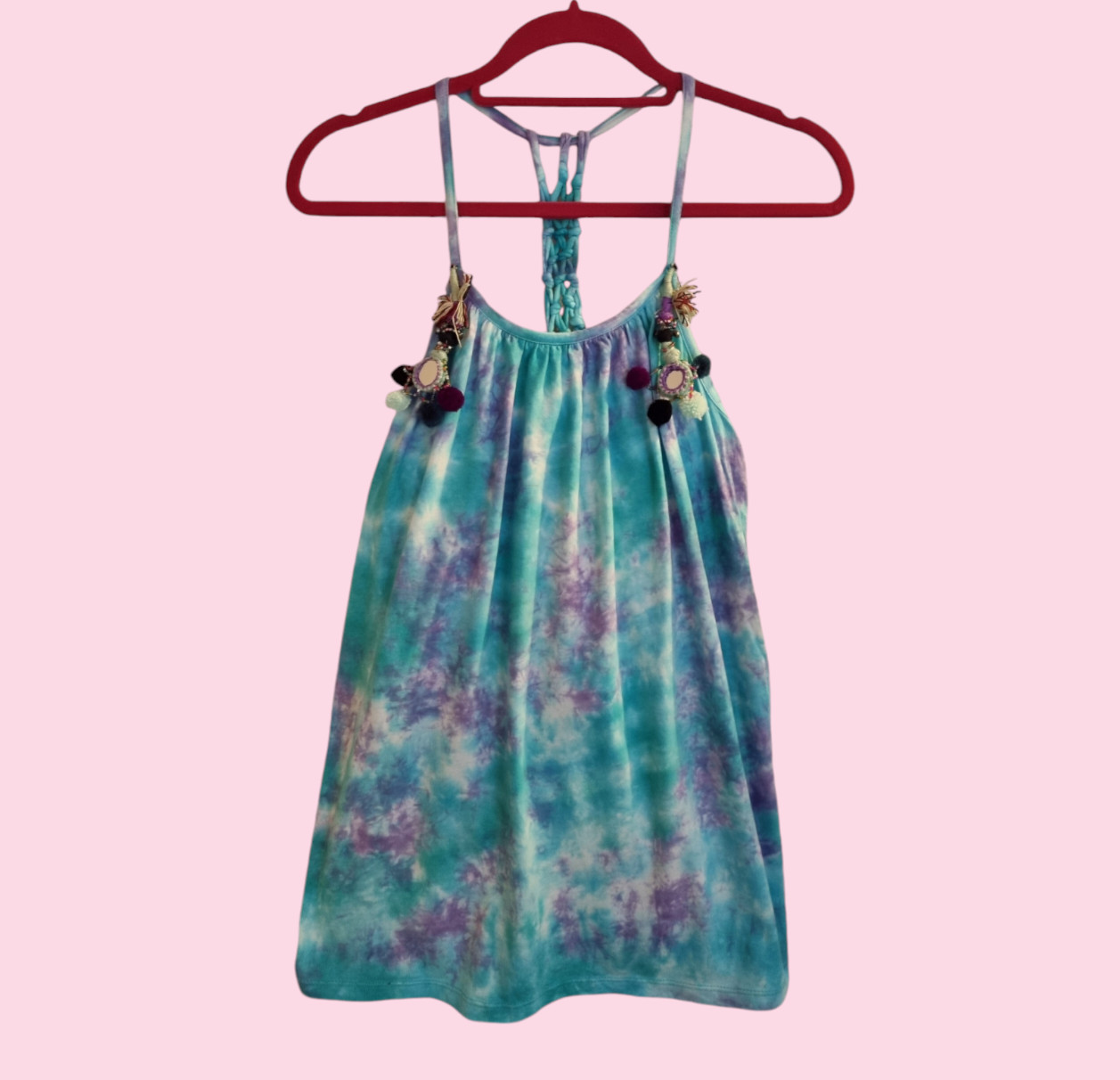 RI blue purple tie-dye pompom cotton hippy indie boho top festival cami 6