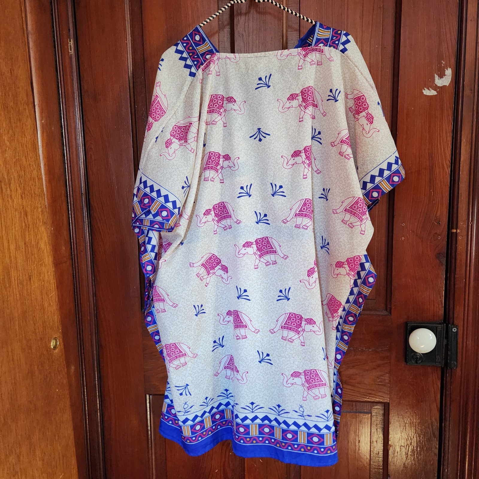Cute Options India Elephant Kaftan Tunic Rayon Blue Pink Boho Free Size OS Top