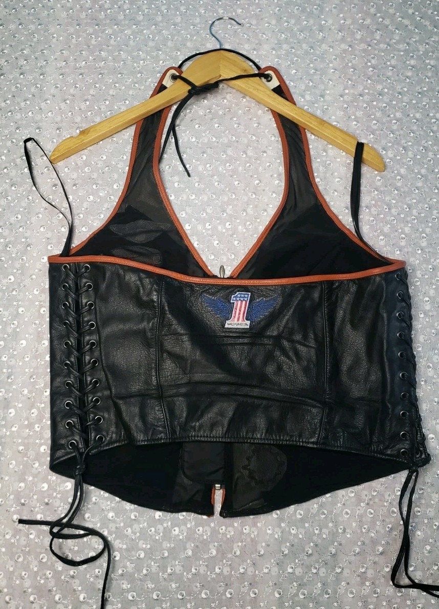 Harley Davidson Legendary Leather Halter Corset Laced Top Shirt Womens Large