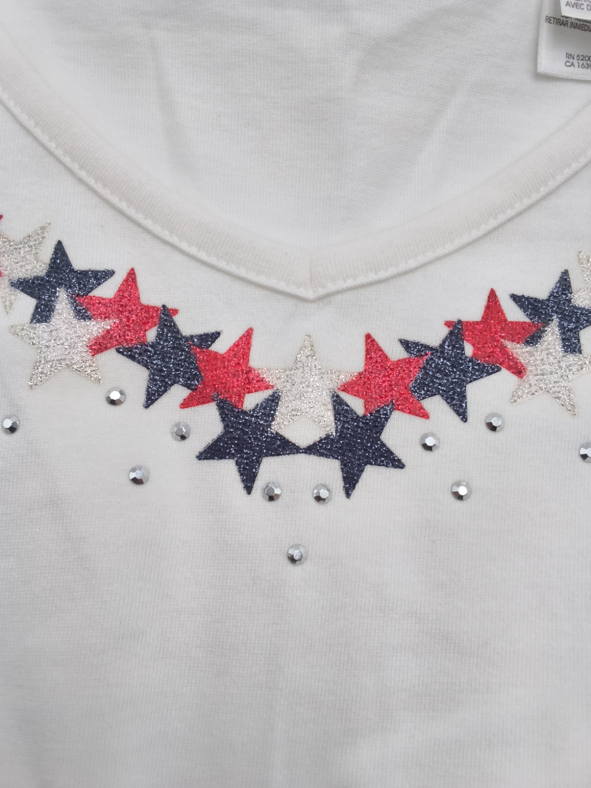 Woman’s Village Brand White Embellished Patriotic T-shirt NWT