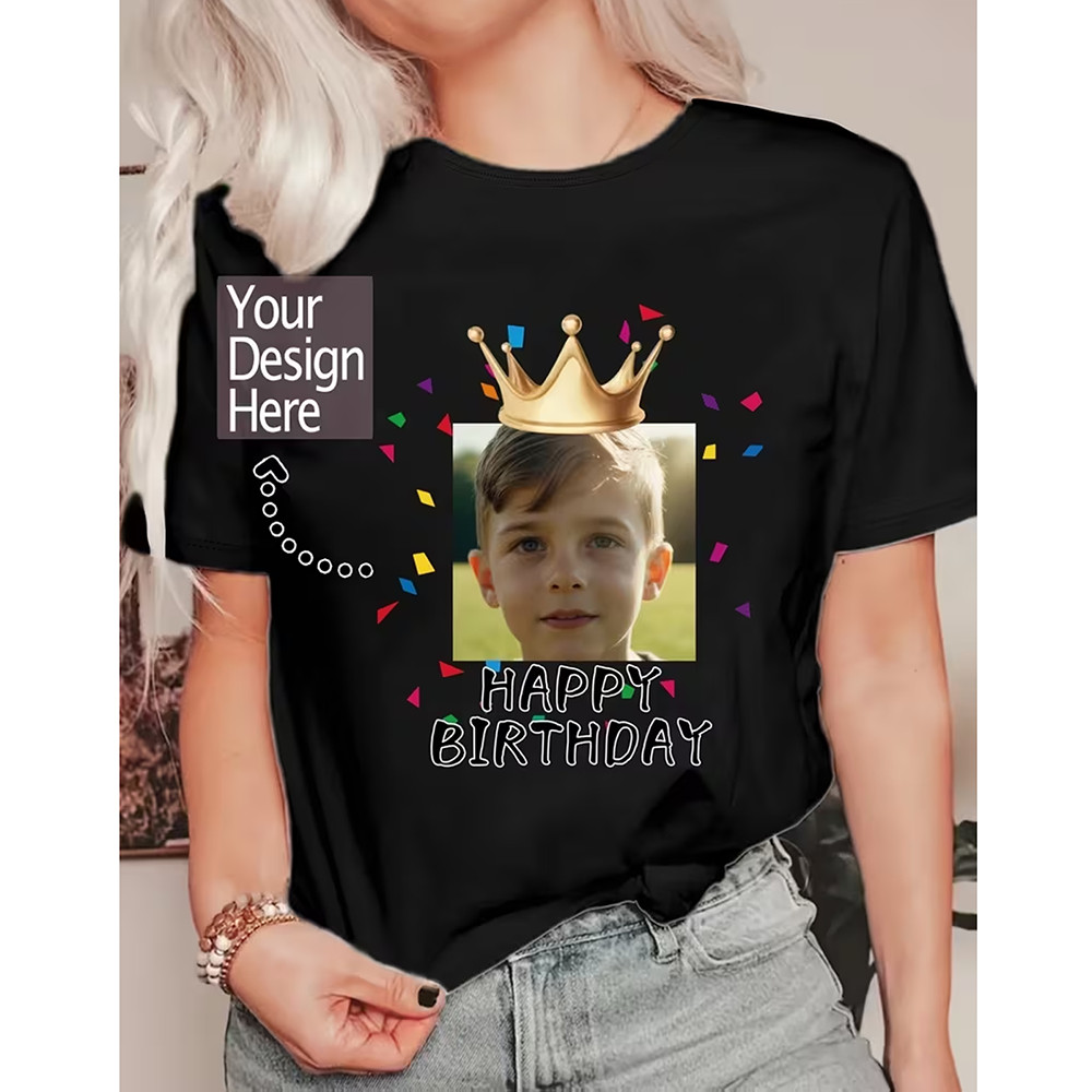 Custom Photo T-Shirt Happy Birthday Personalized Picture Crown Tee T-shirt Top ❀