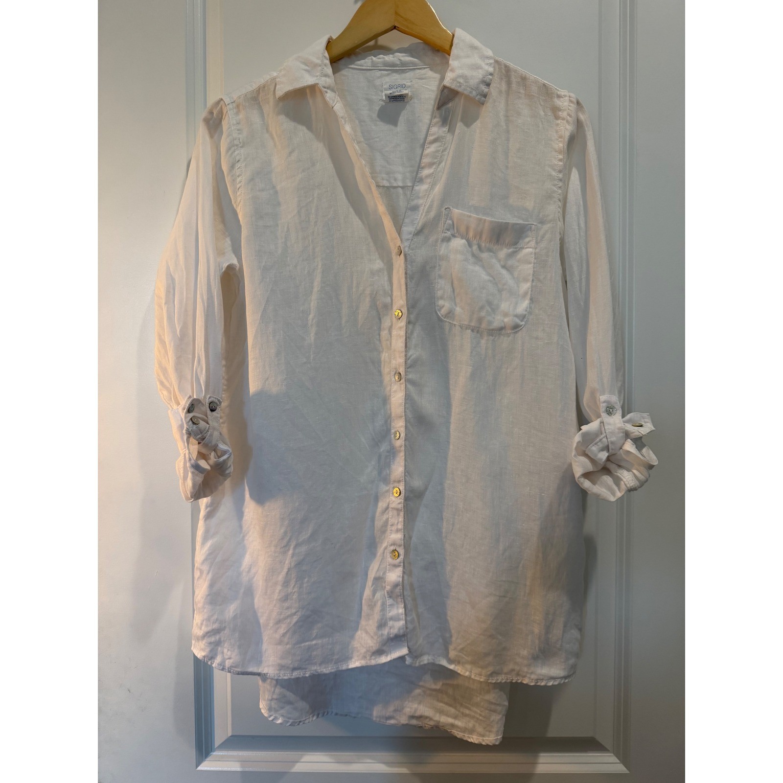 Sigrid Olsen White 100% Linen Button Down Shirt Long Sleeve Roll Tab Small