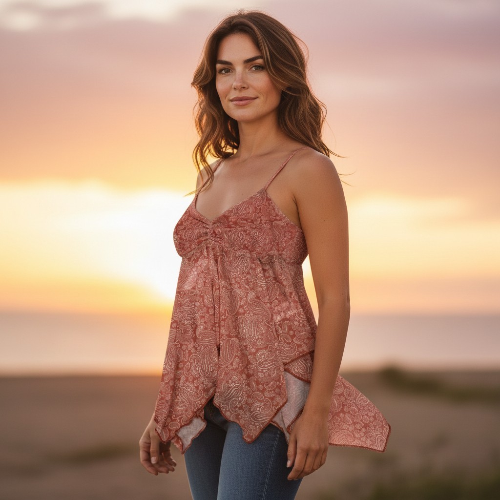 See You Monday Womens Light Paisley Pattern Baby Doll Top Straps