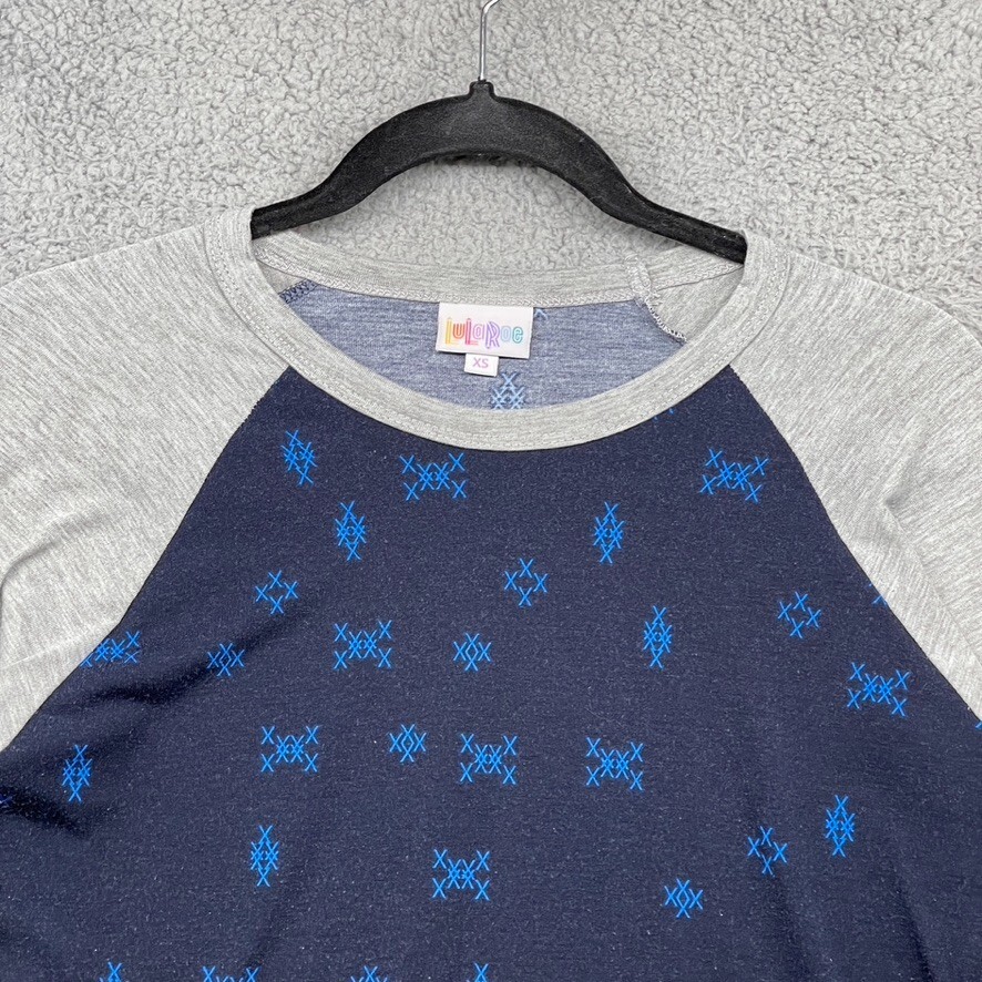 Lularoe Womens Raglan T-Shirt Blue Gray Geometric 3/4 Sleeve Crew Neck Size XS