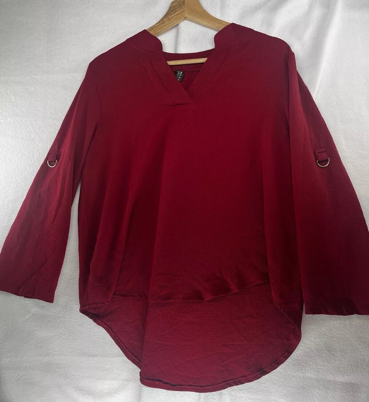 Modern Women Shirt V Neck Blouse Long Sleeve Office Lady Size Medium Red Maroon