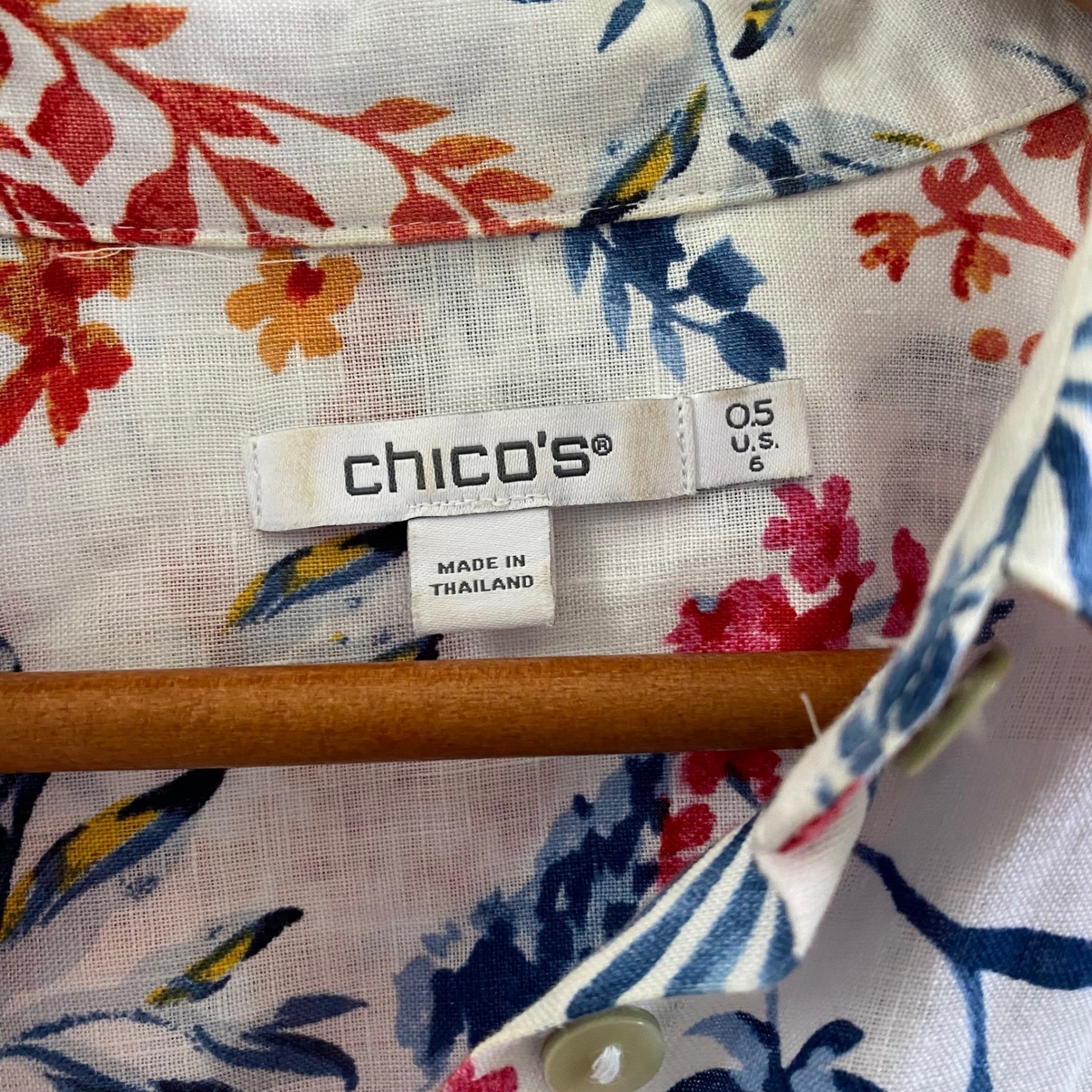 Chicos Floral 100% Linen Button Down Shirt White Blue Pink Orange US 6 570367210