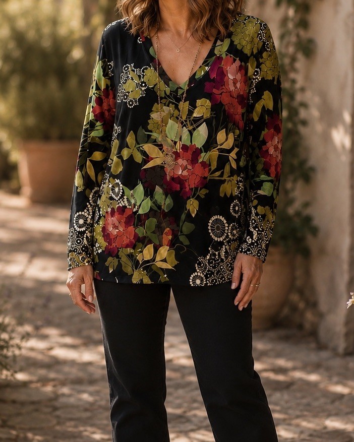 Johnny Was Bamboo Floral Jersey Top Large Long Sleeve Stretch Cottagecore V-Neck