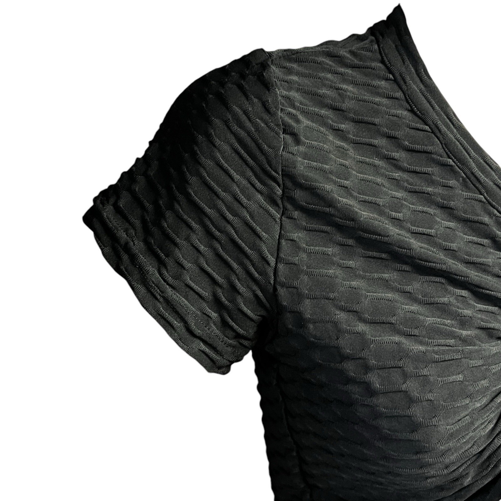 New Mix Crop Top S/M Black Drawstring Ruched Textured Stretch Trendy Casual Sexy