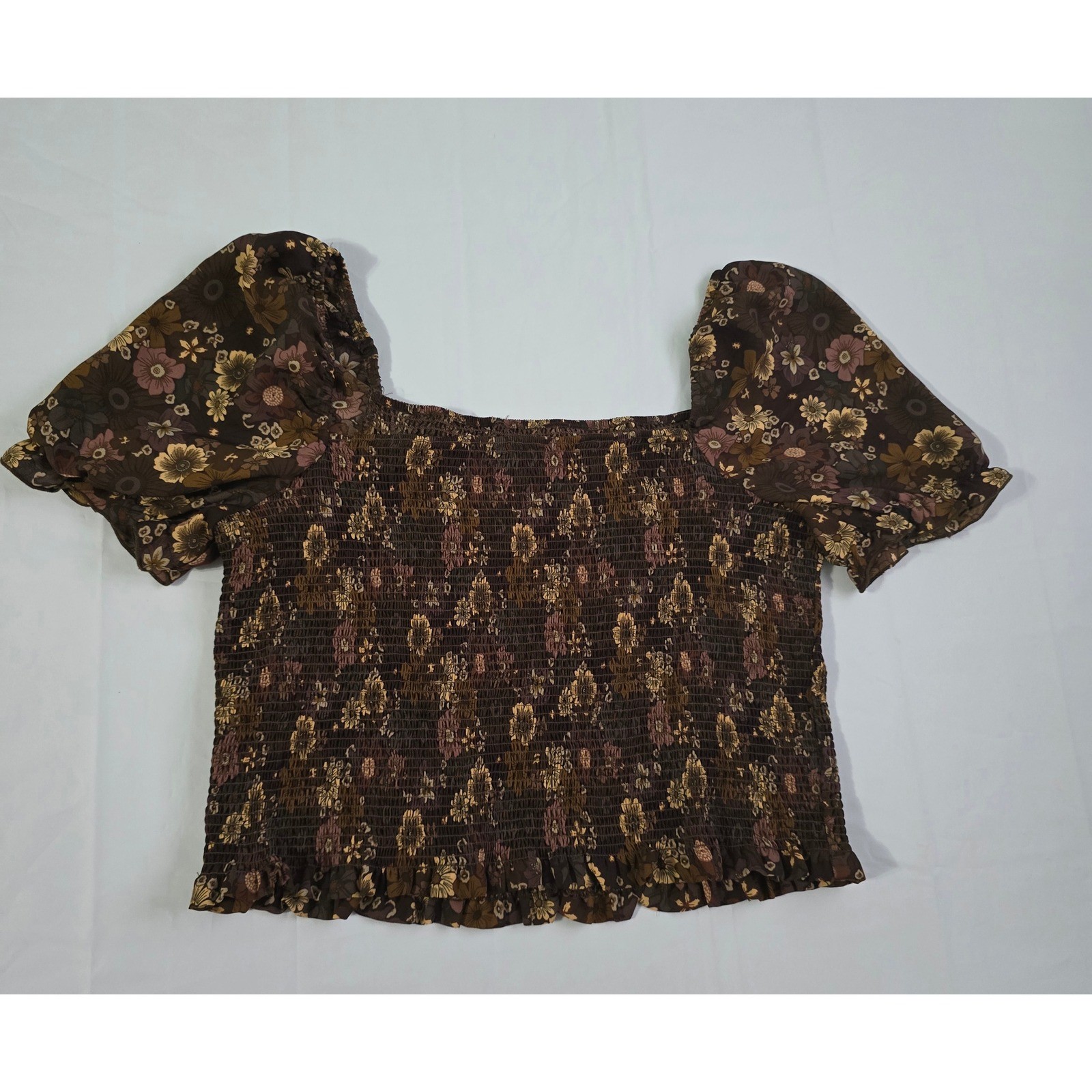 C by One Brown Floral Smocked Puff Sleeve Blouse Square Neck Top Large
