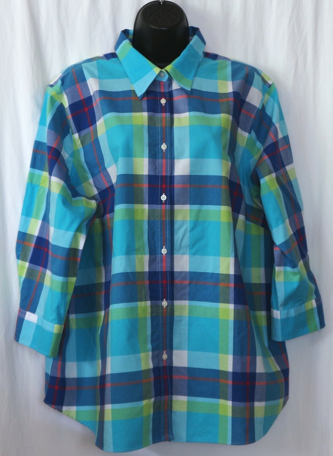 CHAPS No Iron Checked Cotton Blouse 3/4 Slvs 52 In Chest 29 In Long Sz 2X EXC