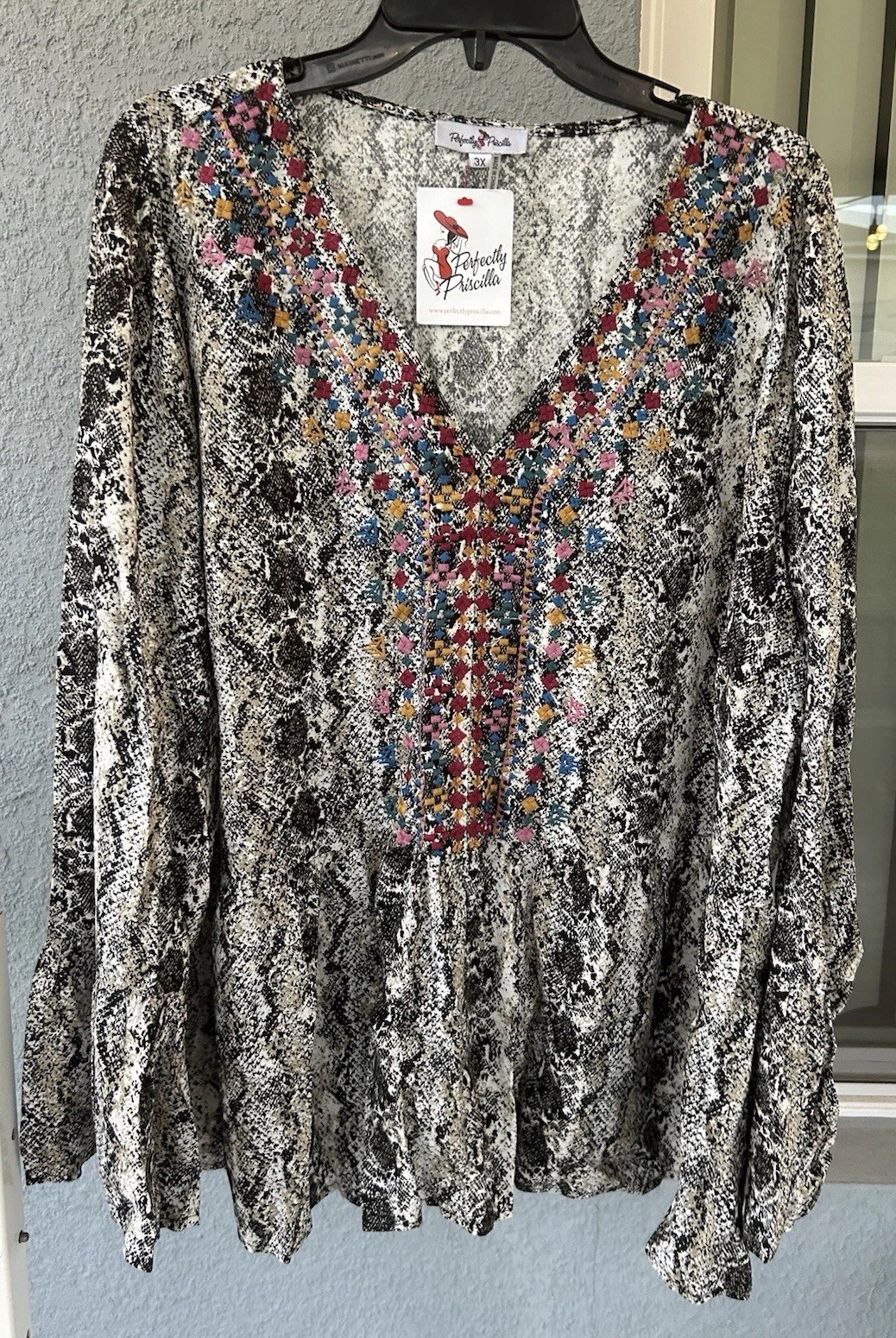 Perfectly Priscilla Women’s 3X Snake Print Boho Tunic Top Embroidered V-Neck