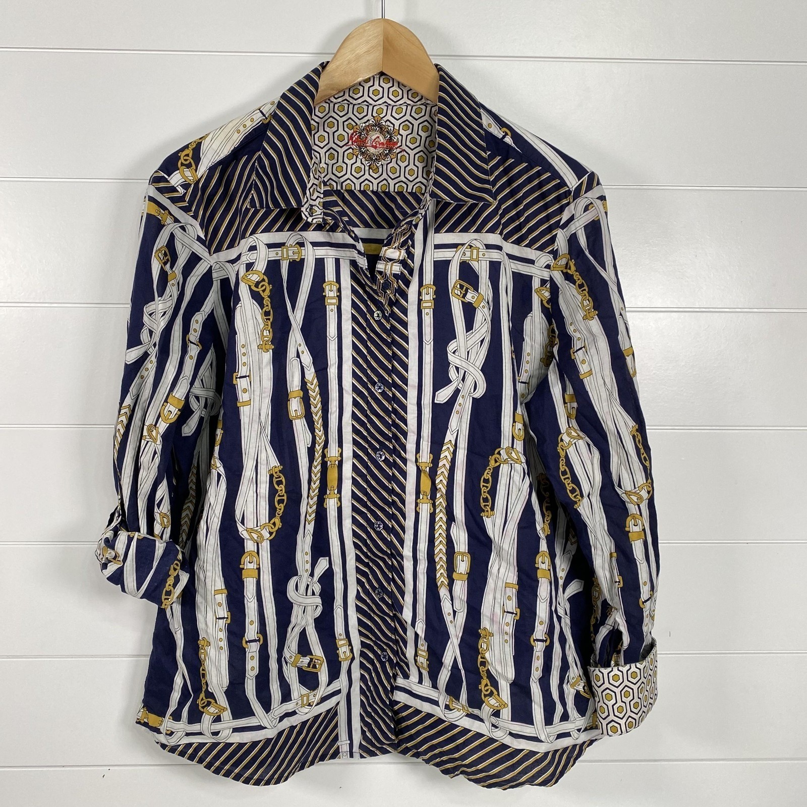 Robert Graham Shirt Womens Large Blue White Gold Striped Belt Chain Print Cotton