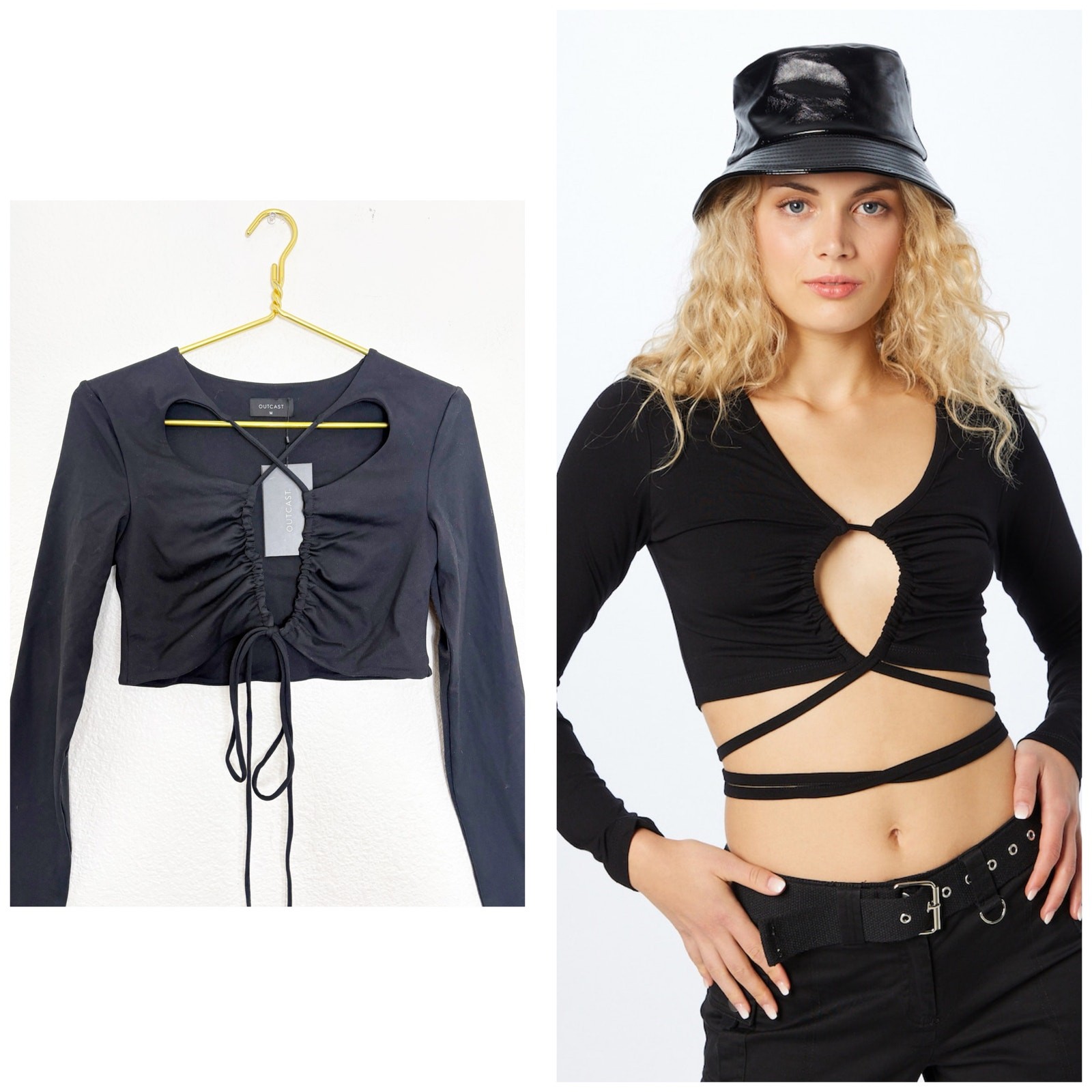 NWT Outcast Black Long Sleeve Cut Out Front Tie Up Crop Top Medium Scene Goth