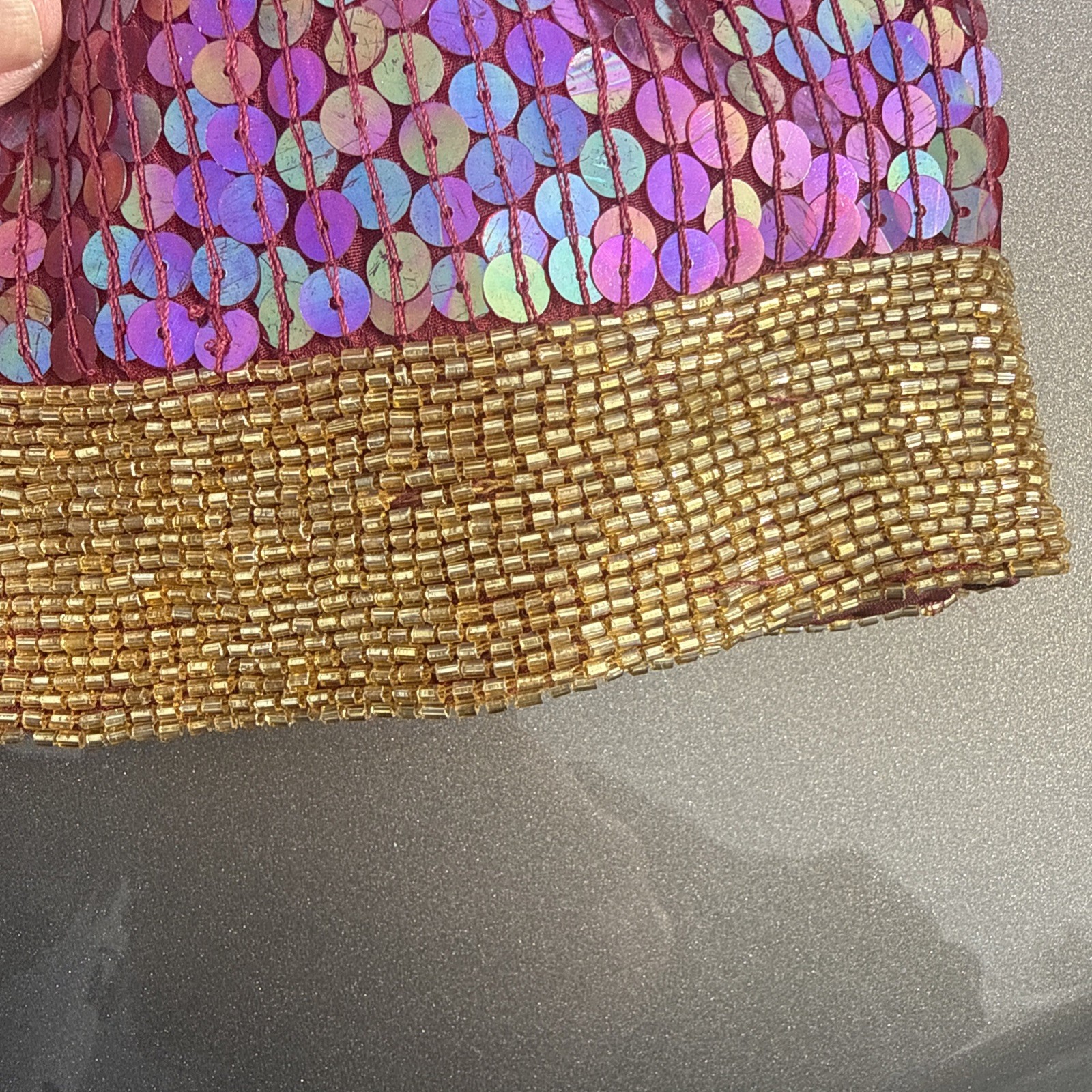 Joan Leslie Purple Gold Sequins Beaded Formal Long-Sleeve 100% Silk Top Size XL