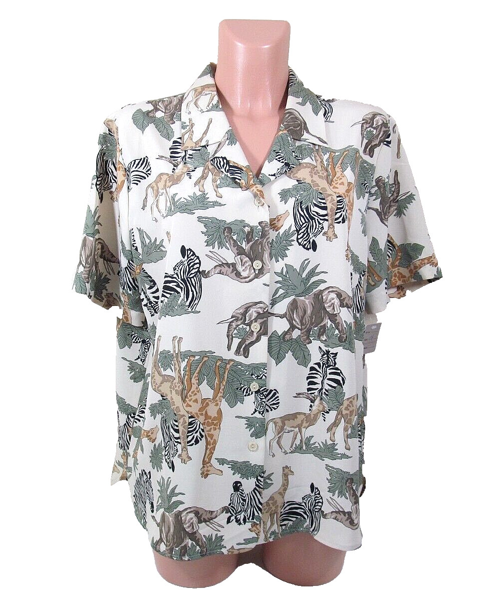 LIZ BAKER Womens Size 14 Polyester Satin Button-up Blouse Safari Animals Pattern