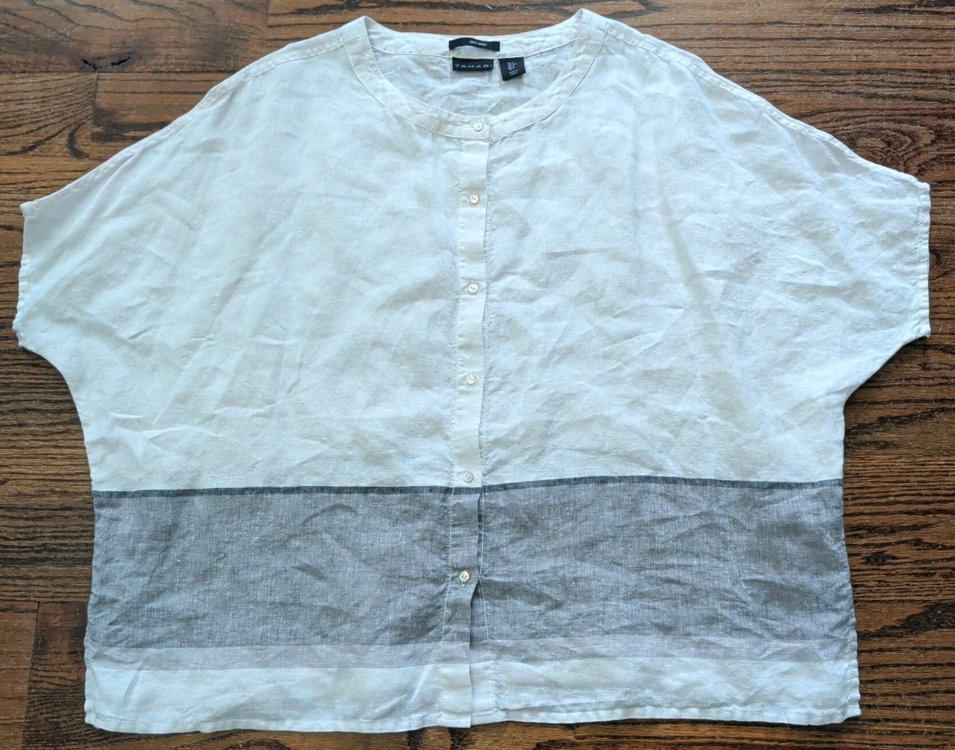 Tahari 100% Linen Boxy Oversize Shirt Dolman Sleeve White Gray Minimalist Sz S