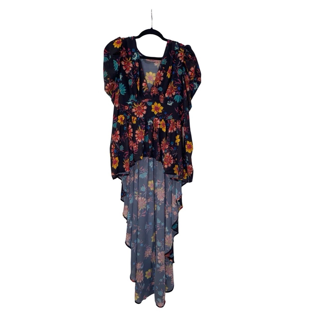 Lilly’s Kloset Floral High-Low Blouse – Long Puff Sleeve dramatic peplum top