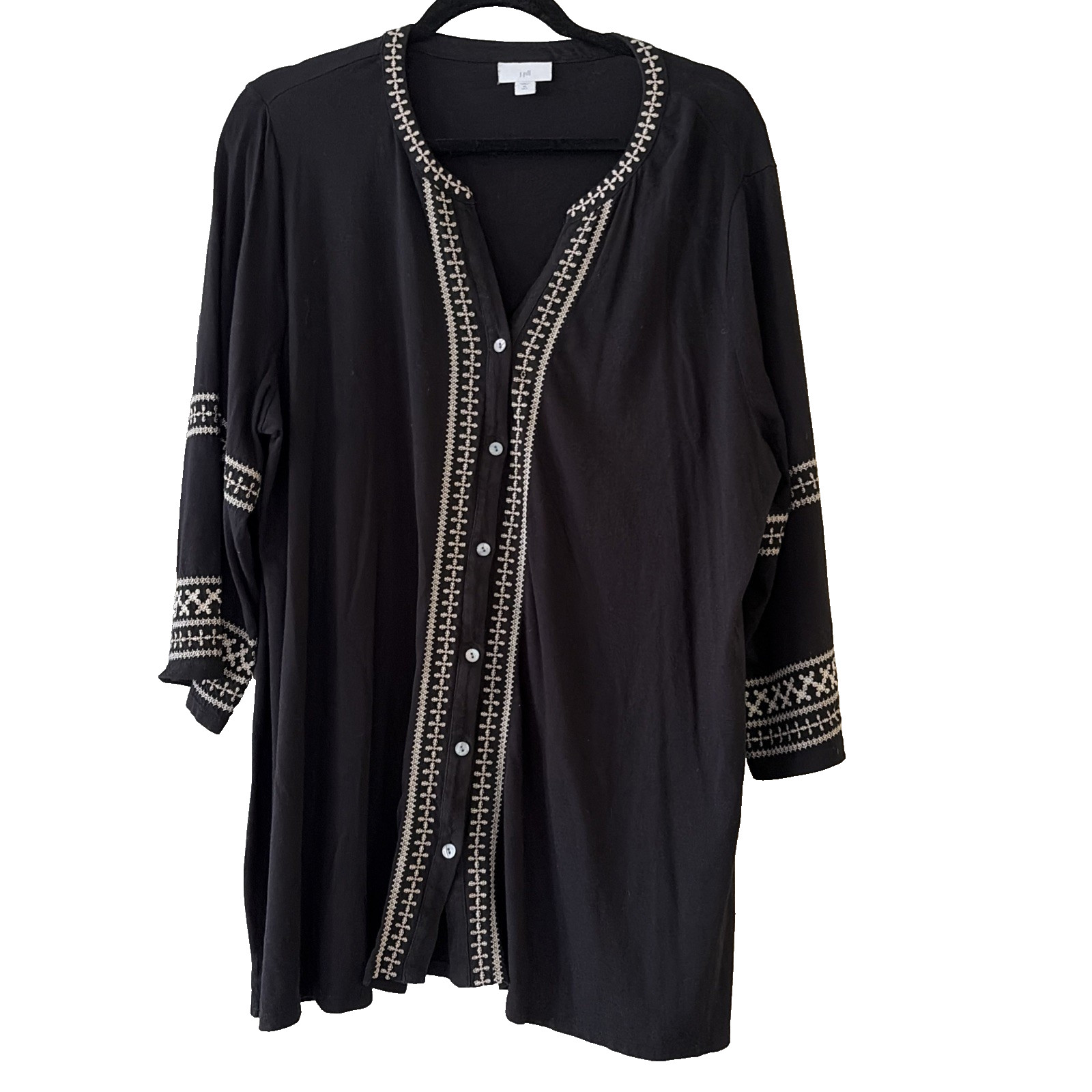 XL Tall XLT J. Jill Tunic Top Black Button Up Cotton Blend MOROCCAN STYLE