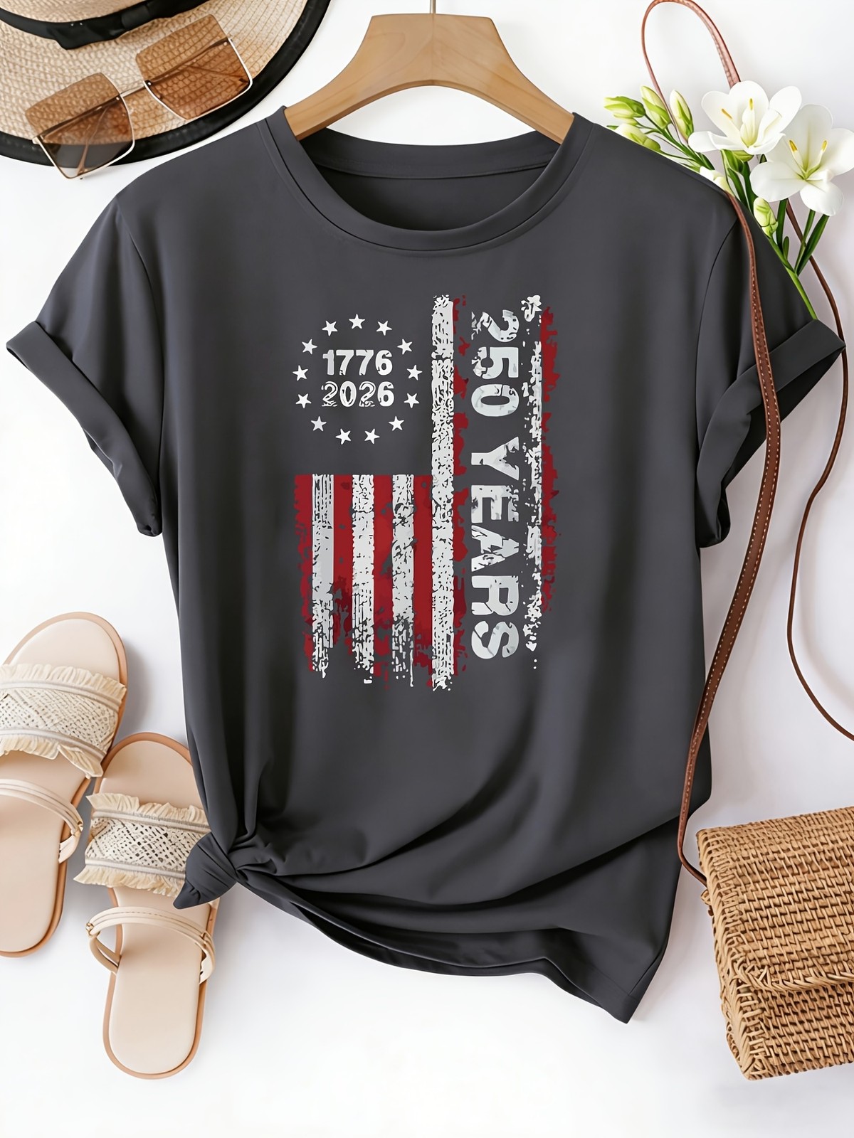 Women 1776 American Flag 250 Years Celebration Short Sleeve Round Neck T-shirt ❀