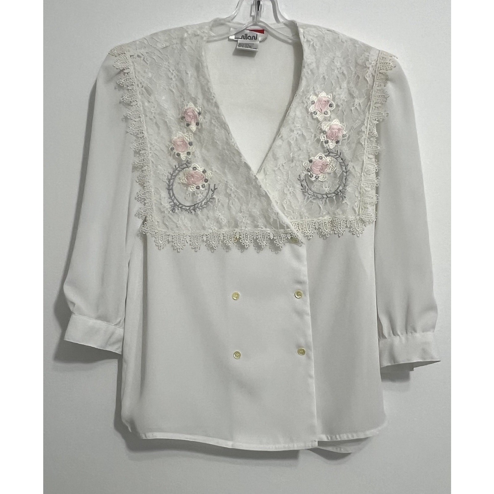 Vintage Nilani Lace Blouse Floral Embroidered White Sheer Overlay Size 7/8 Roses