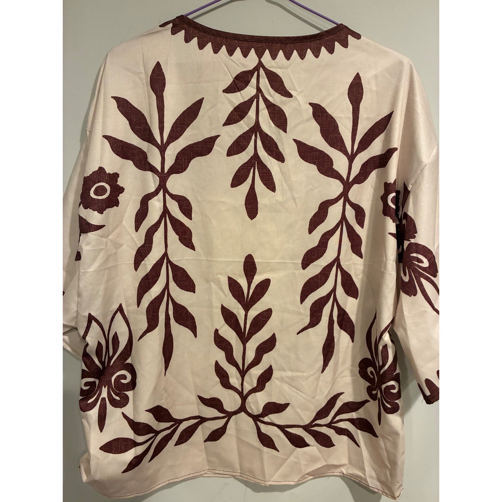 SHEIN Womens XL Boho V-Neck Botanical Print Relaxed Blouse Cream Burgundy