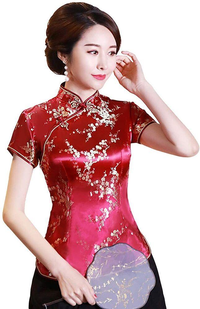 Womens Summer Slim Fit Tang Chinese Blouse Cheongsam Short Sleeve Qipao Tops
