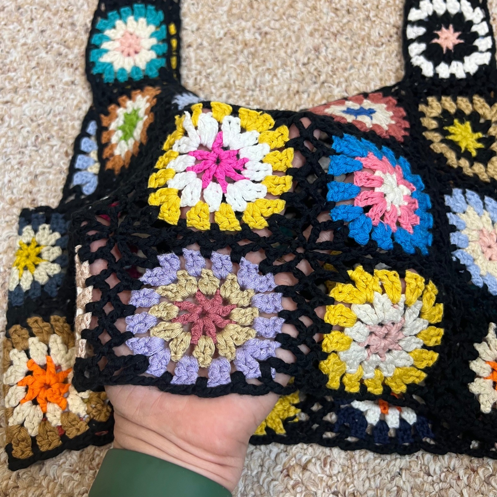 Handmade Crochet Granny Square Crop Top Multi-Color Boho Knit Tank Vest Black