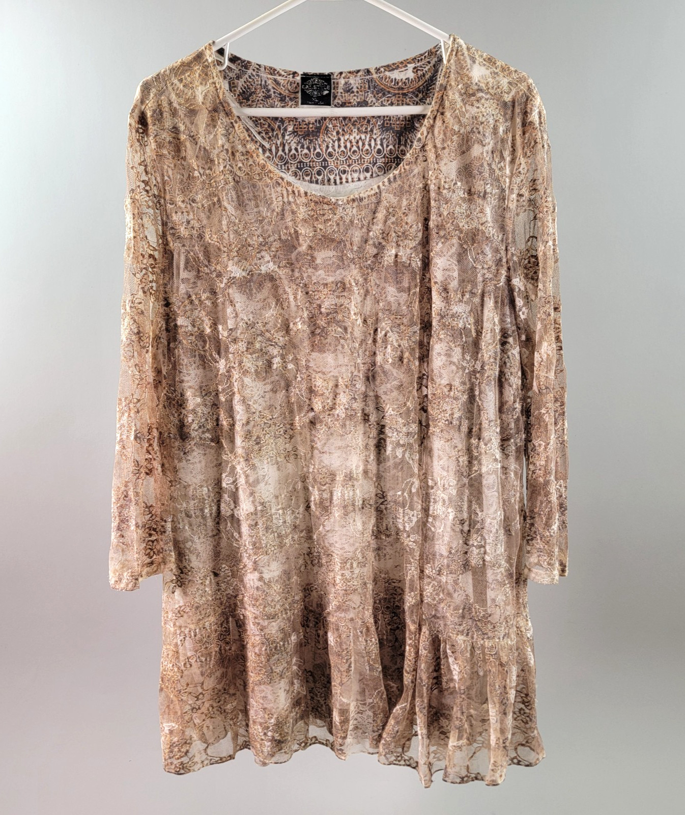 Cal Style Womens Top XL Overlay Ruffle Hem Cottagecore Boho Floral Mesh Tunic