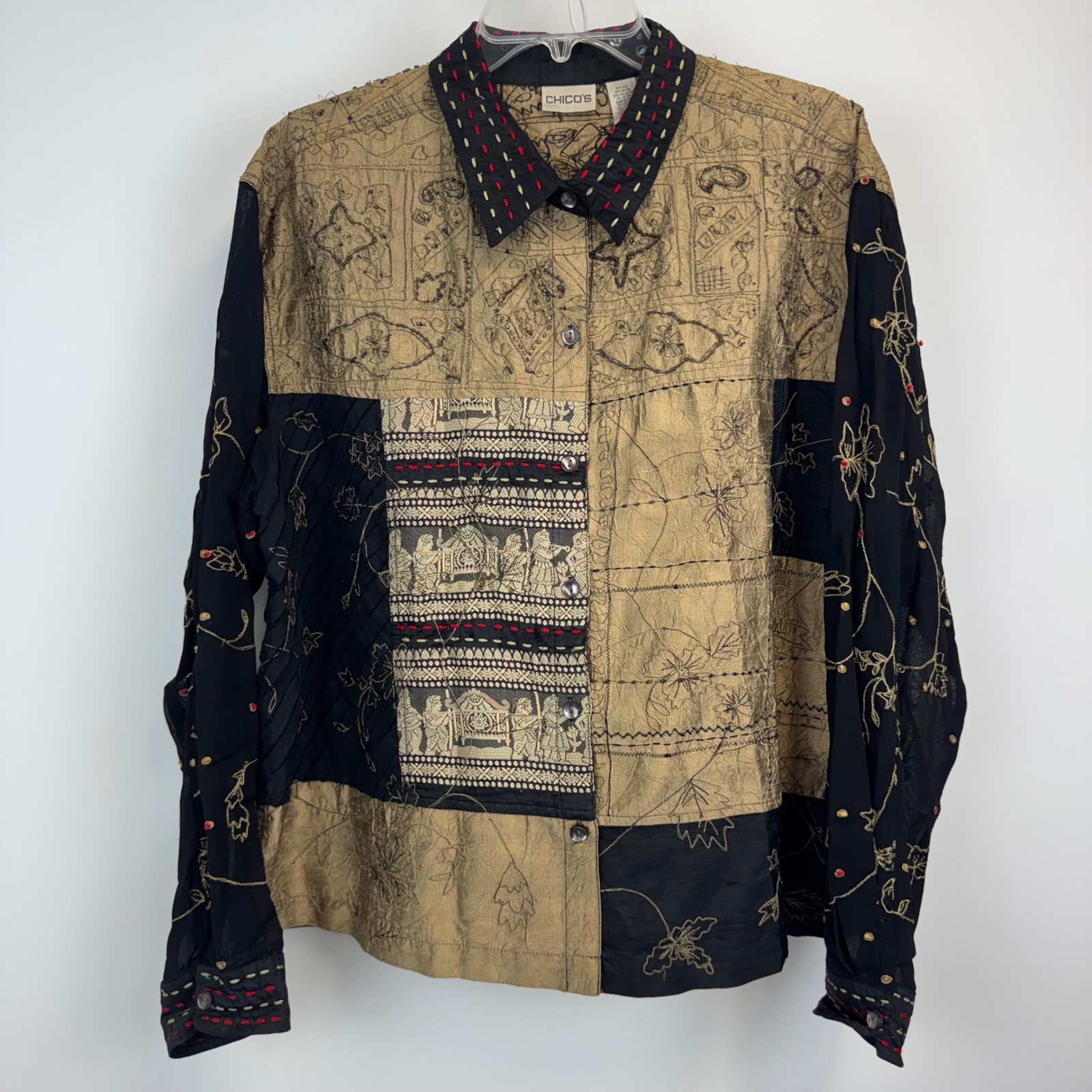 Chicos Silk Blend Patchwork Embroidered Button Front Blouse Gold Black Size 3