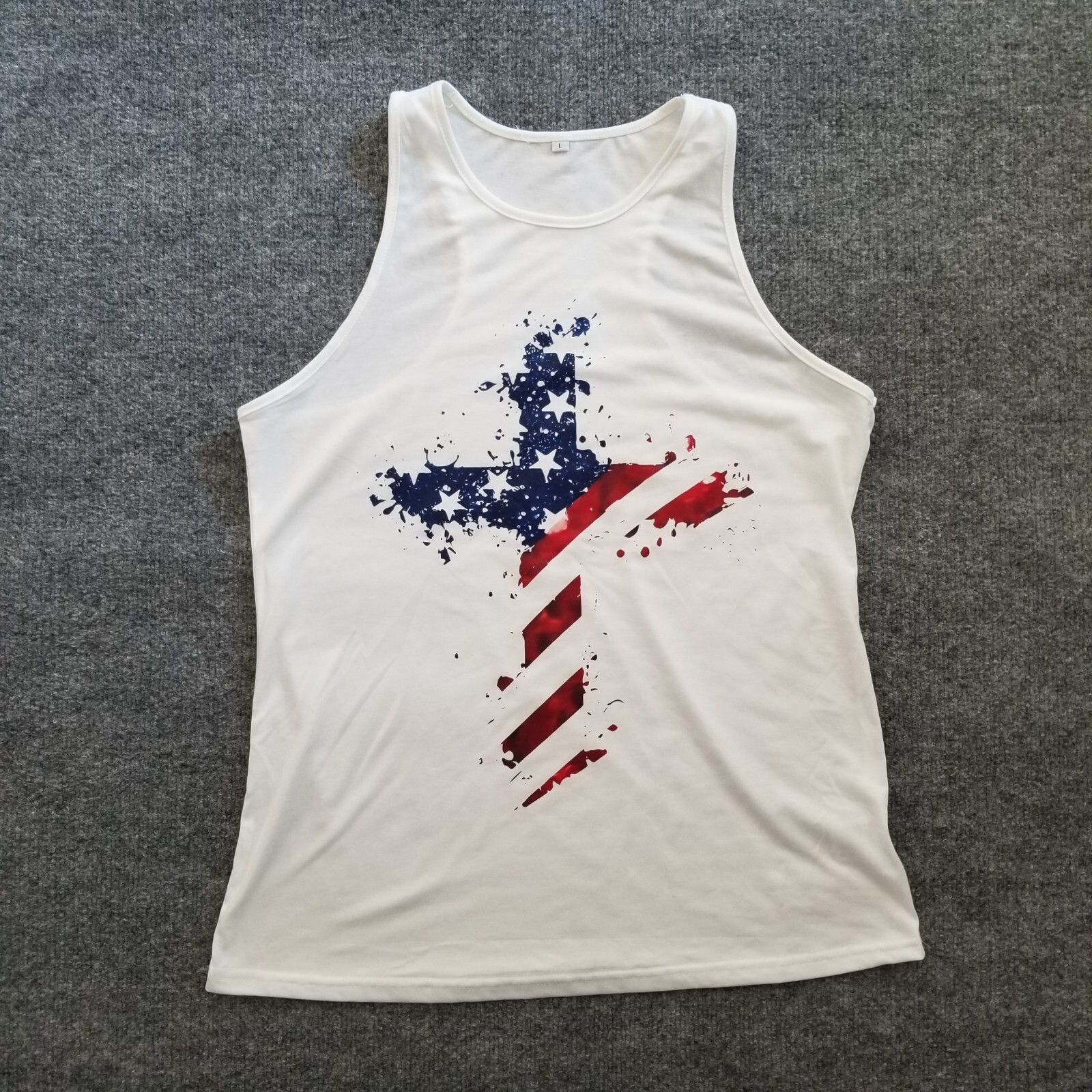 Temu Women Tank Top Large White US Flag Cross Front Graphic Stretch