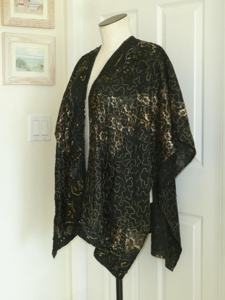 RARE Chicos Stunning Art-to-Wear Black Gold Mixed Media Ruana Wrap OS S M L XL