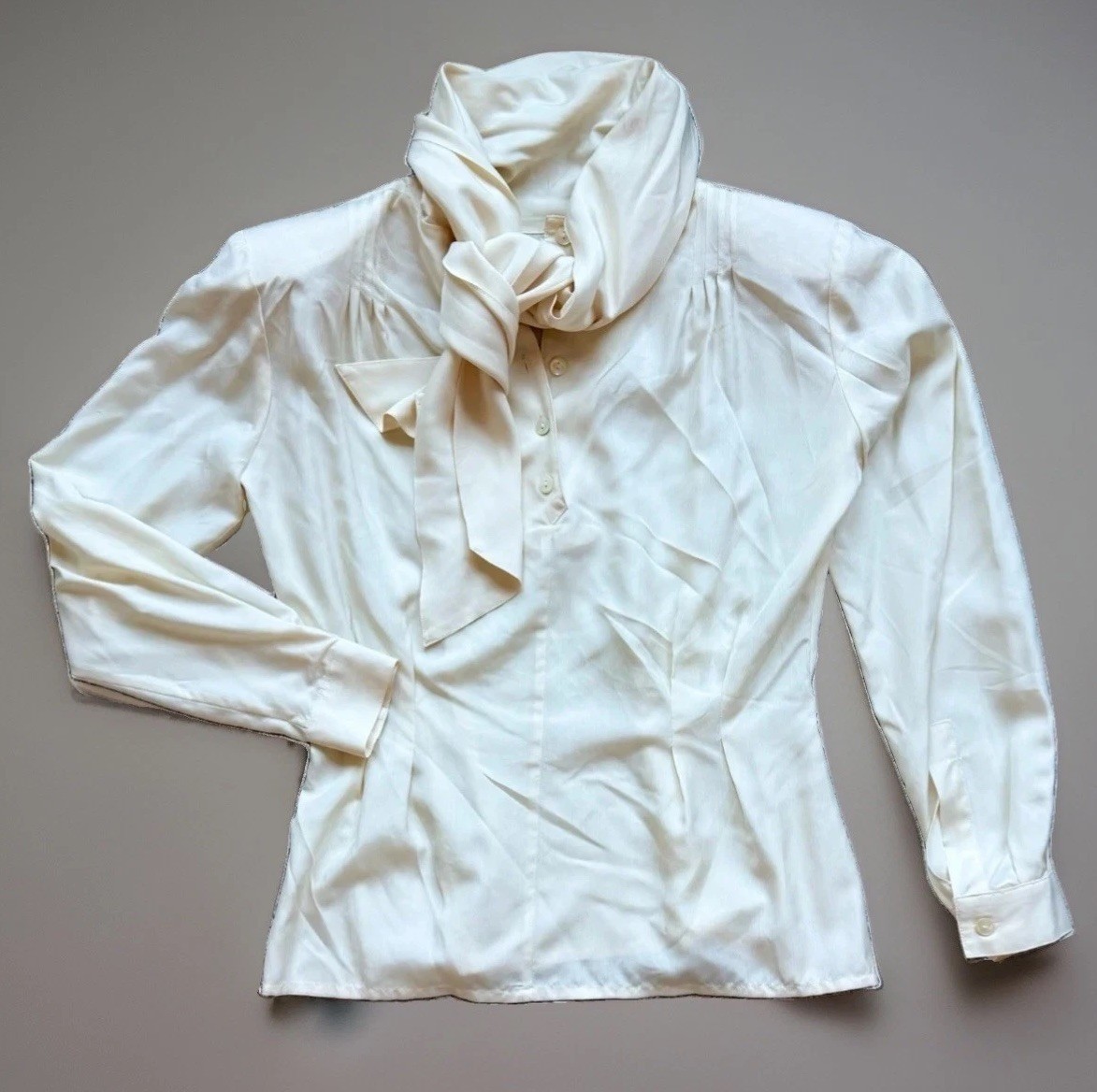 Paul Costelloe Designer 100% Silk Pussy Bow Blouse Ivory Vintage UK8 US4 Y2K